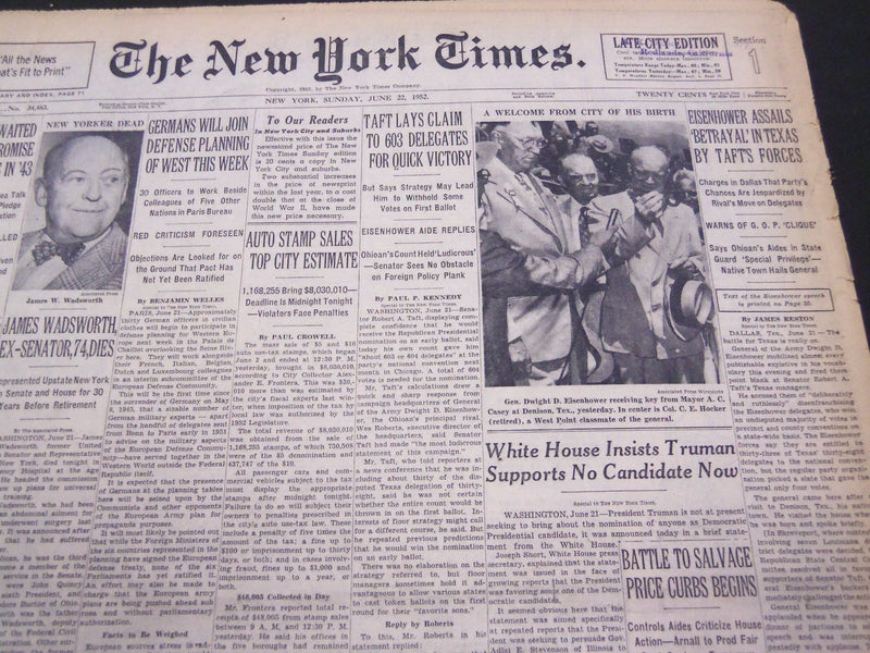 1952 JUNE 22 NEW YORK TIMES - TAFT CLAIMS 603 DELAGATES - NT 4490