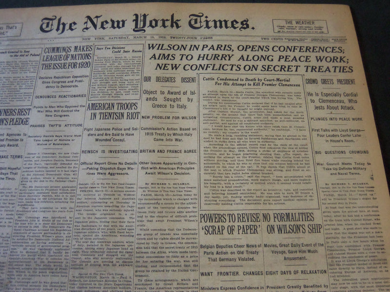 1919 MARCH 15 NEW YORK TIMES - WILSON IN PARIS OPENS CONFERENCE - NT 6211