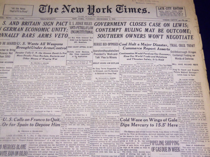 1946 DECEMBER 3 NEW YORK TIMES - GOVERNMENT CLOSES CASE ON LEWIS - NT 3163