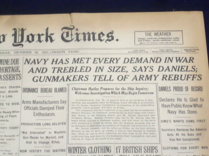1917 DECEMBER 20 NEW YORK TIMES - NAVY HAS MET EVERY DEMAND IN WAR - NT 8272