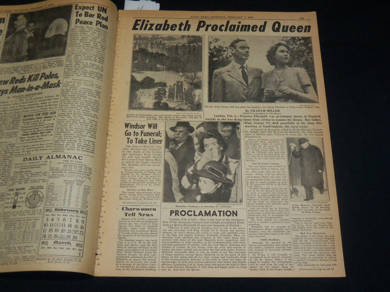 1952 FEBRUARY 7 NEW YORK DAILY NEWS - ELIZABETH FLIES HOME AS QUEEN - NP 5390