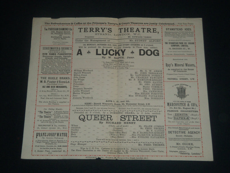 1892 OCTOBER 3 A LUCKY DOG TERRY'S THEATRE PROGRAM - LONDON - J 4217