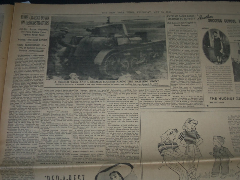 1940 MAY 16 NEW YORK TIMES - GREAT BATTLE FLUCTUATES ON 60 MILE FRONT - NP 3609