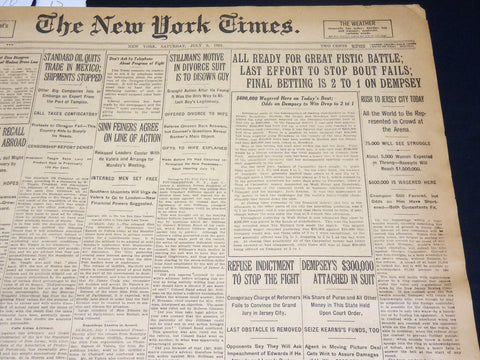 1921 JULY 2 NEW YORK TIMES NEWSPAPER- ALL READY FOR GREAT FISTIC BATTLE- NT 8693
