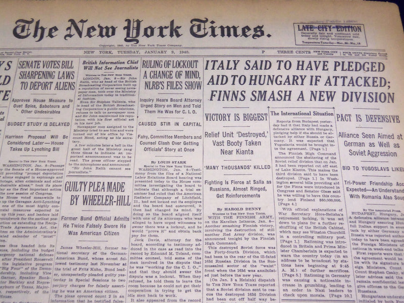 1940 JANUARY 9 NEW YORK TIMES - FINNS SMASH A NEW DIVISION - NT 2678