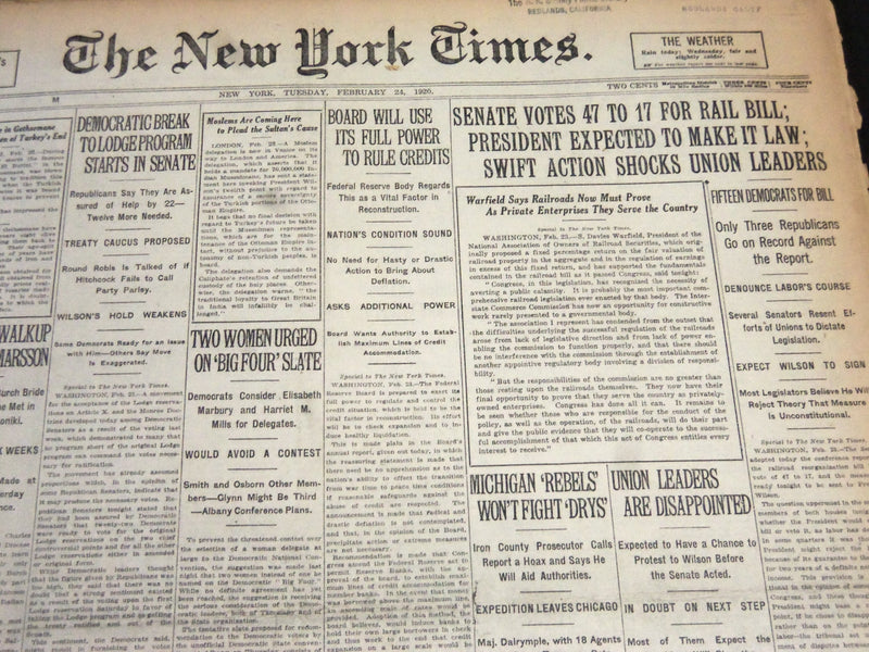 1920 FEBRUARY 24 NEW YORK TIMES - SENATE VOTES 47 TO 17 FOR RAIL BILL - NT 5881