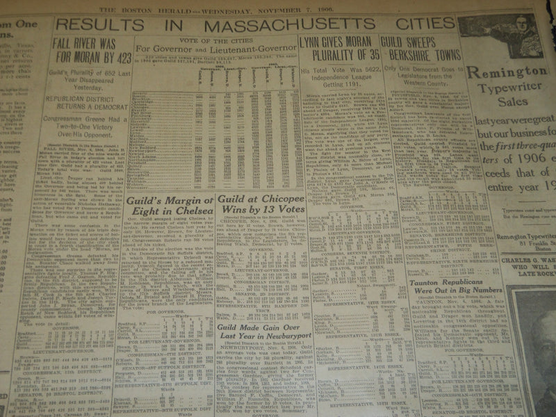 1906 NOVEMBER 7 THE BOSTON HERALD - GUILD WINS - HUGHES HAS LEAD - BH 138