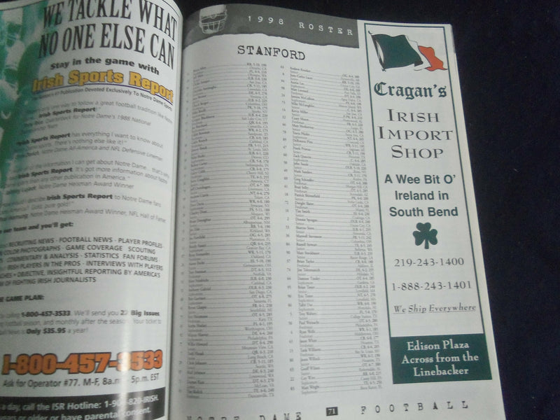 1998 OCT 3 FOOTBALL PROGRAM - NOTRE DAME VS STANFORD UNIVERSITY - SP 1213H