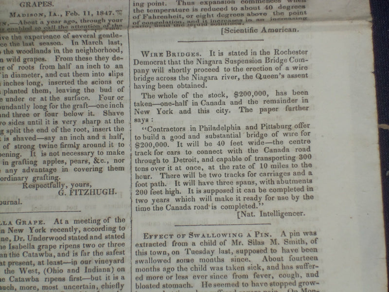 1847 APRIL 10 MASSACHUSETTS PLOUGHMAN NEWSPAPER - NIAGARA BRIDGE - NP 5144