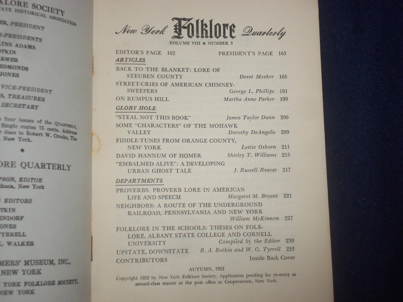 1952 NEW YORK FOLKLORE QUARTERLY - SUMMER & AUTUMN - J 6003