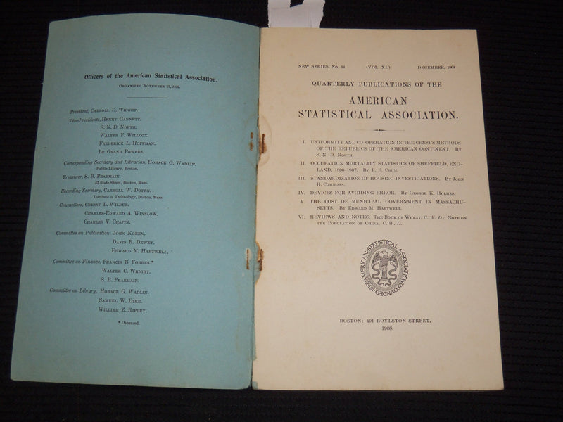 1908 DECEMBER AMERICAN STATISTICAL ASSOCIATION QUARTERLY MAGAZINE - K 1062