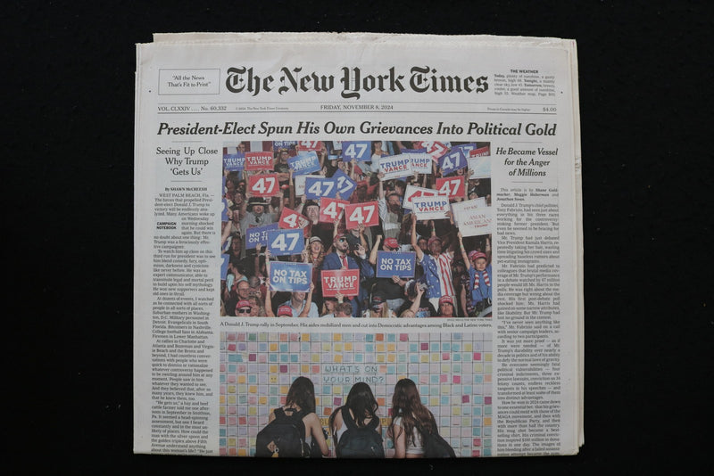 2024 NOVEMBER 8 NEW YORK TIMES - PRESIDENT-ELECT SPUN HIS OWN GRIEVANCES TO GOLD