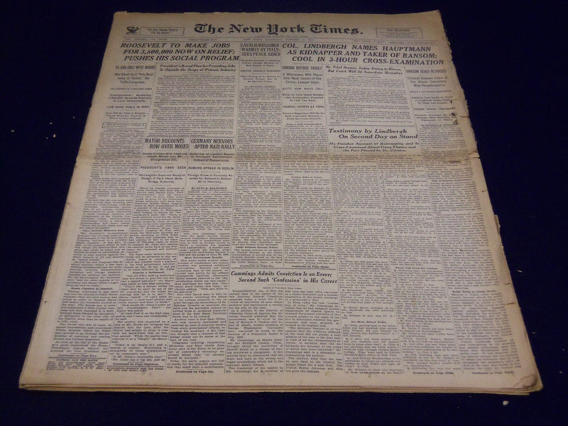 1935 JANUARY 5 NEW YORK TIMES - LINDBERGH NAMES HAUPTMANN AS KIDNAPPER - NT 1941
