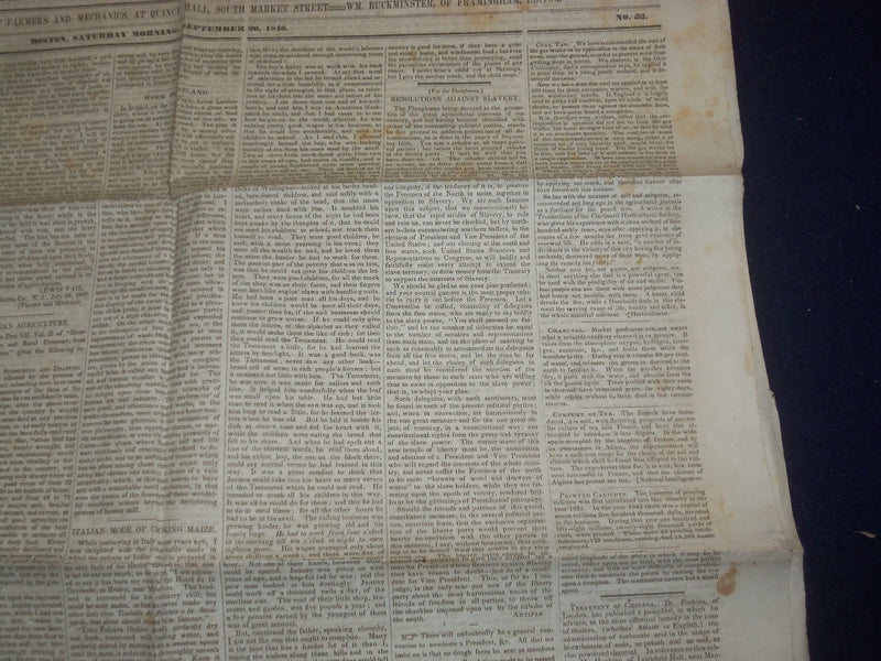 1846 SEPTEMBER 26 MASSACHUSETTS PLOUGHMAN - SLAVERY- CHOLERA- LOCKJAW - NP 5131