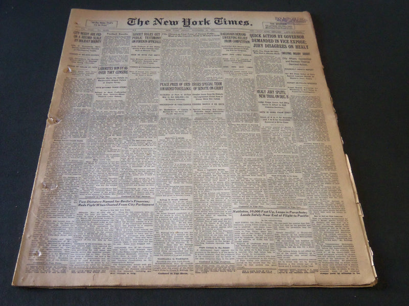 1930 NOV 28 NEW YORK TIMES - PEACE PRIZE OF 1929 AWARDED TO KELLOGG - NT 6335