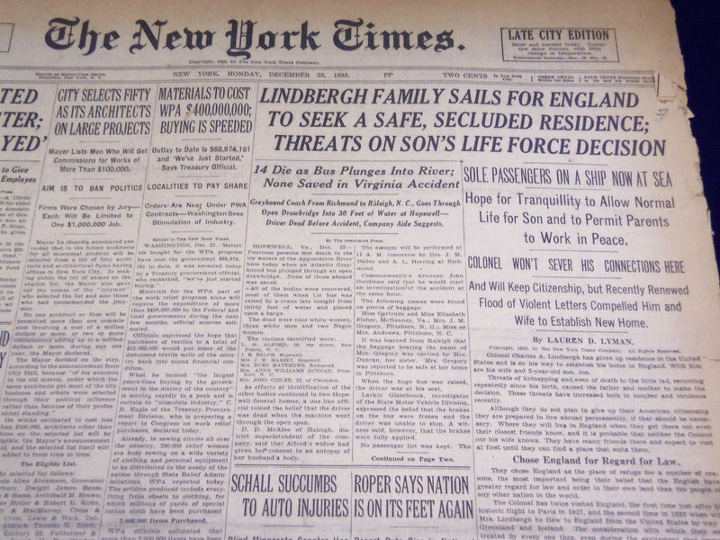 1935 DECEMBER 23 NEW YORK TIMES - LINDBERGH FAMILY SAILS FOR ENGLAND- NT 1984