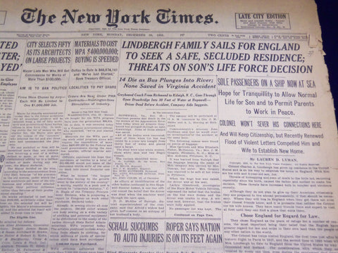 1935 DECEMBER 23 NEW YORK TIMES - LINDBERGH FAMILY SAILS FOR ENGLAND- NT 1984
