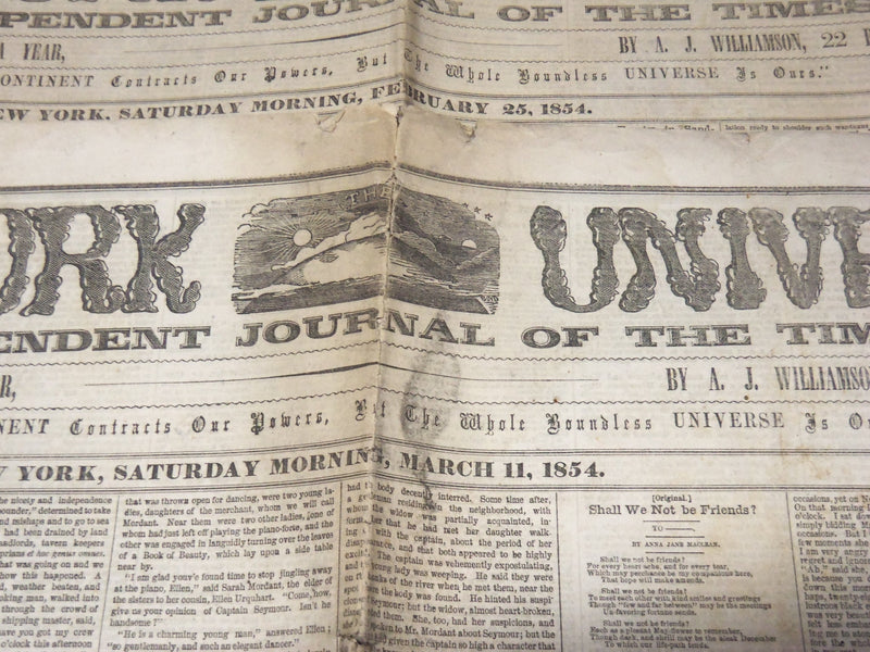 1854 NEW YORK UNIVERSE NEWSPAPERS LOT OF 2 - A. J. WILLIAMSON - NP 3879S