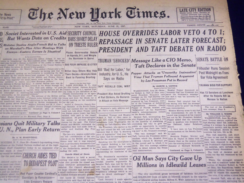 1947 JUNE 21 NEW YORK TIMES - HOUSE OVERRIDES LABOR VETO 4 TO 1 - NT 1423