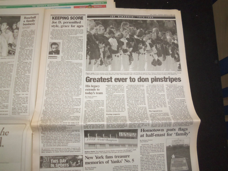 1999 MARCH 9 USA TODAY NEWSPAPER - JOE DIMAGGIO DEAD 1914-1999 - NP 8009