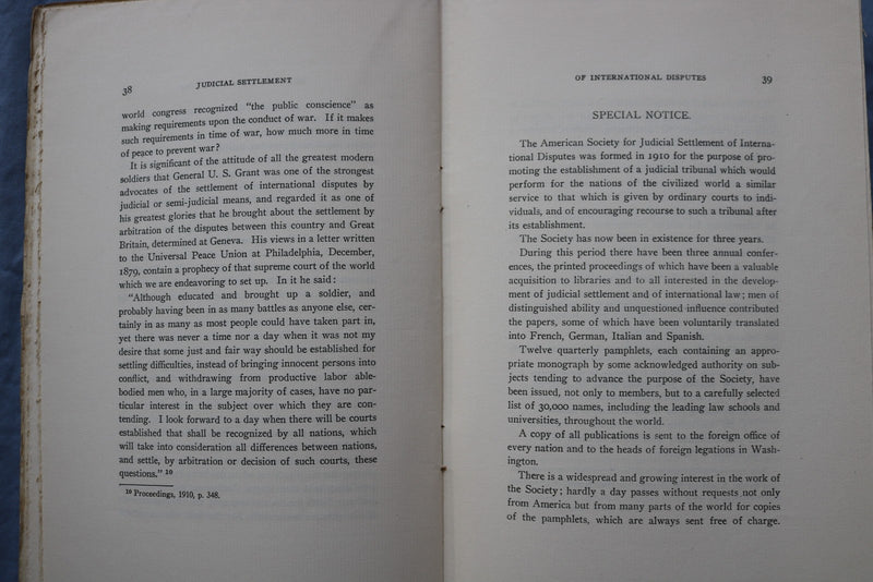 1913 NOVEMBER JUDICIAL SETTLEMENT OF INTERNATIONAL DISPUTES - SOFTCOVER - K 2980