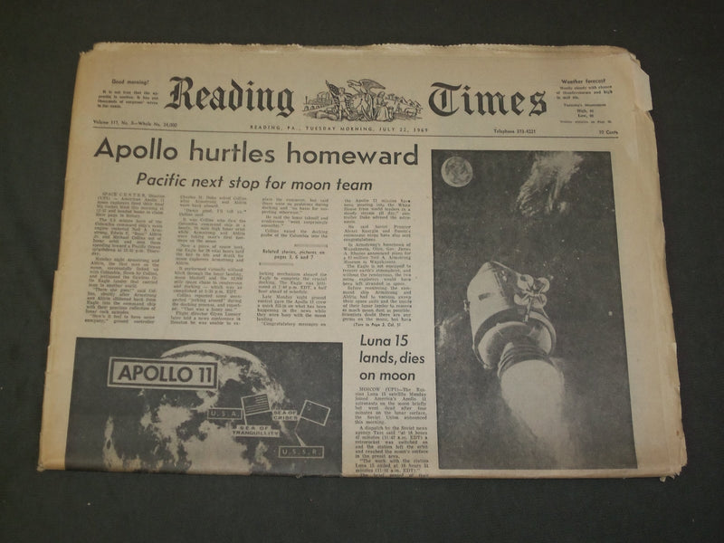 1969 JULY 22 READING (PA) TIMES NEWSPAPER - APOLLO 11 HURTLES HOME - NP 3263