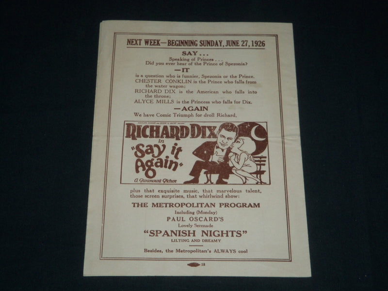 1926 JUNE 20 THE WONDER THEATRE METROPOLITAN PROGRAM - ALYCE MILLS - J 4085