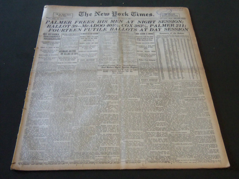 1920 JULY 6 NEW YORK TIMES - BALLOT 38 MCADOO 405 1/2 COX 383 1/2 - NT 6481