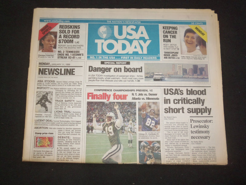 1999 JANUARY 11 USA TODAY NEWSPAPER-USA'S BLOOD CRITICALLY SHORT SUPPLY- NP 7984