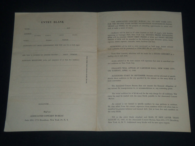 1947 ASSOCIATED CONCERT BUREAU AUDITIONS PROGRAM - SECOND ANNUAL - J 4232