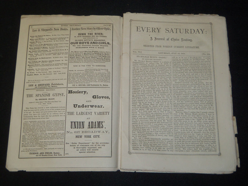 1868 JULY 18 EVERY SATURDAY MAGAZINE - NICE ARTICLES & ADS - J 5471