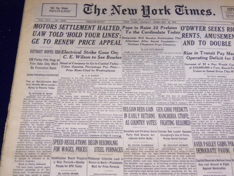 1946 FEBRUARY 18 NEW YORK TIMES - MOTORS SETTLEMENT HALTED - NT 3239