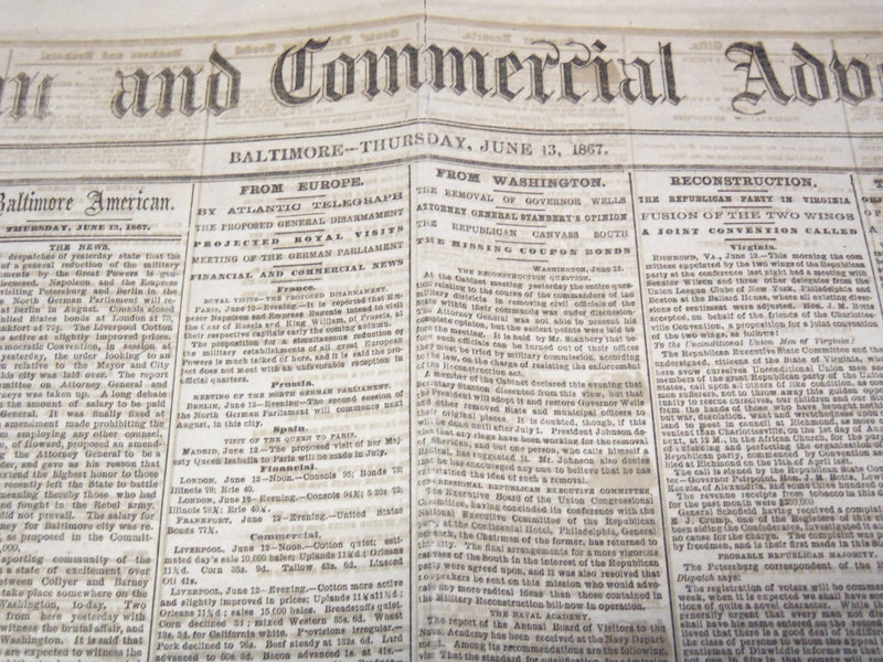 1867 JUNE 13 AMERICAN AND COMMERCIAL ADVERTISER NEWSPAPER - SURRATT- NP 4252I