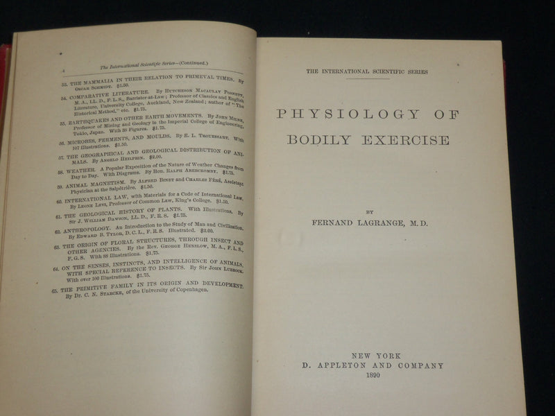 1890 PHYSIOLOGY OF BODILY EXERCISE BOOK BY FERNAND LAGRANGE M. D. - KD 2766B