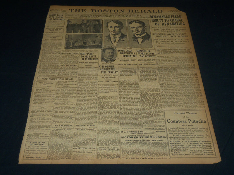1911 DECEMBER 2 THE BOSTON HERALD - M'NAMARAS PLEAD GUILTY OF DYNAMITING- BH 190
