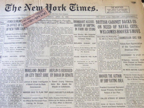 1929 APRIL 25 NEW YORK TIMES - BRITISH CABINET BACKS US ON NAVAL CUTS - NT 6578