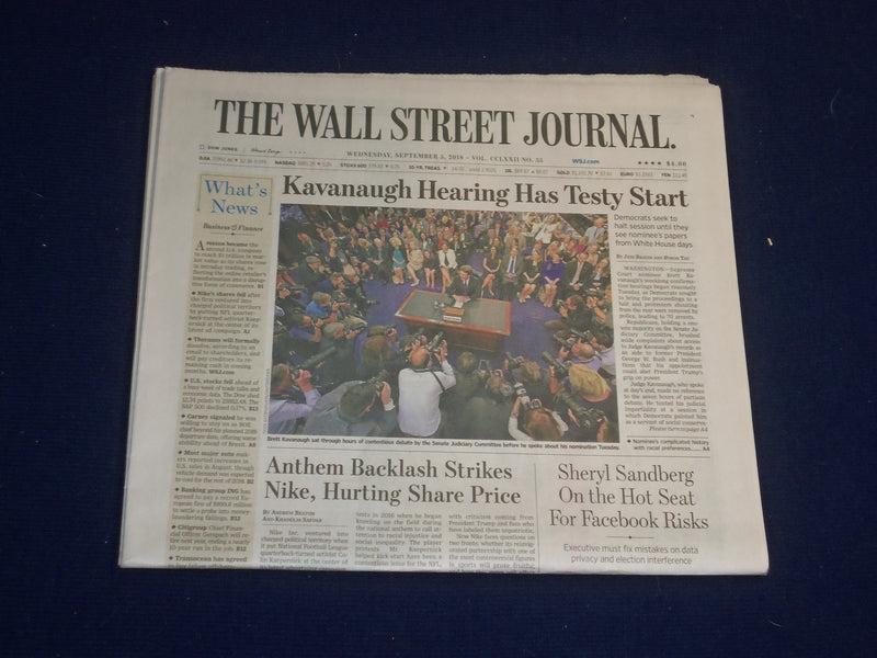 2018 SEPTEMBER 5 WALL STREET JOURNAL NEWSPAPER-KAVANAUGH HEARING HAS TESTY START
