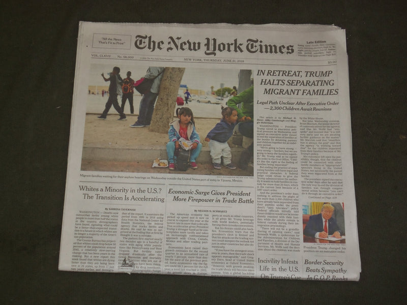 2018 JUNE 21 NEW YORK TIMES -IN RETREAT, TRUMP HALTS SEPARATING MIGRANT FAMILIES