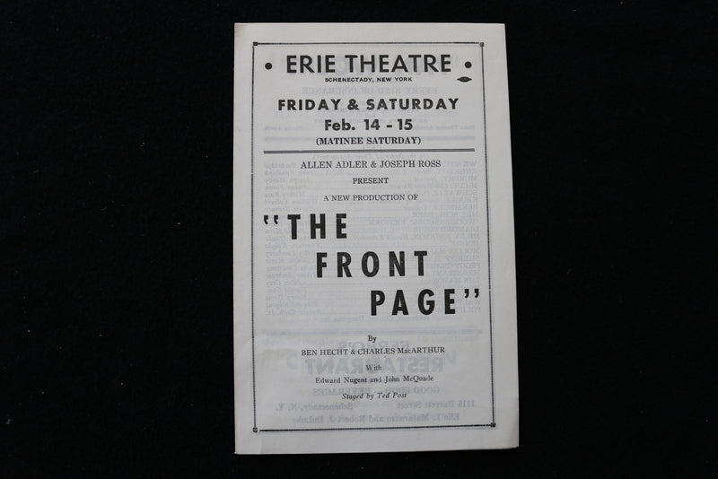 1930'S THE FRONT PAGE PROGRAM - ERIE THEATRE - SCHENECTADY, NEW YORK - K 1888