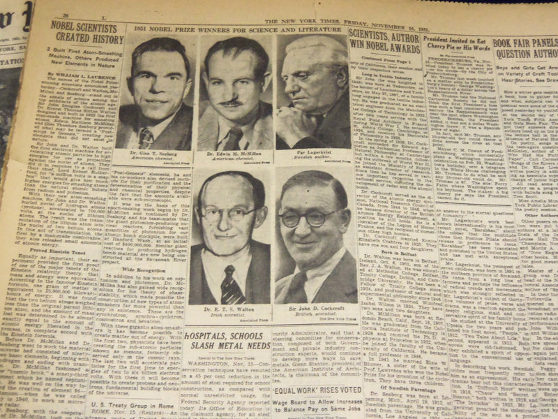 1951 NOV 16 NEW YORK TIMES - LAGERKVIST, MCMILLAN & SEABORG NOBEL PRIZE- NT 1990