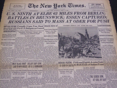 1945 APRIL 12 NEW YORK TIMES - U. S. 9TH AT ELBE NEAR BERLIN - NT 4372