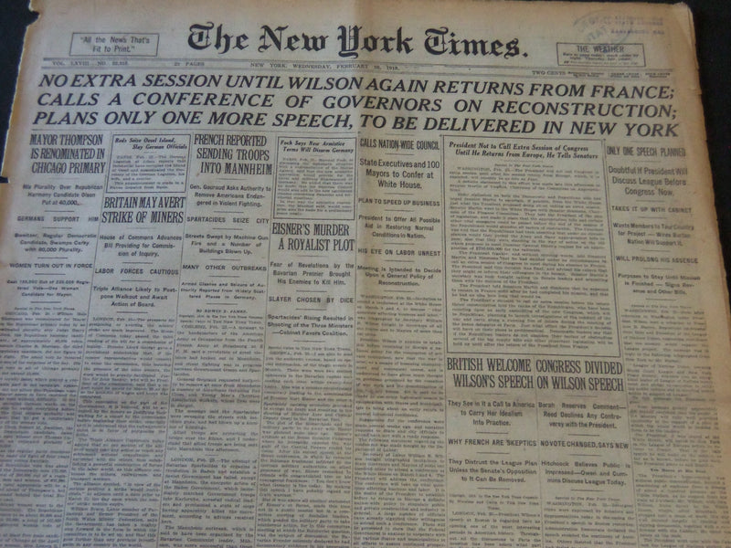 1919 FEB 26 NEW YORK TIMES - NO EXTRA SESSION UNTIL WILSON RETURNS - NT 6500