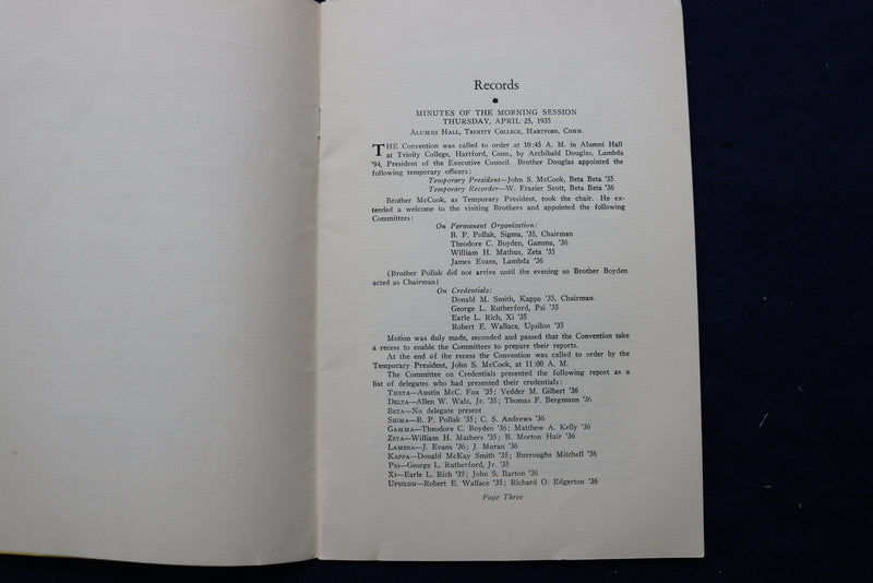 1935 PSI UPSILON GRATERNITY CONVENTION RECORDS SOFTCOVER BOOK - K 836