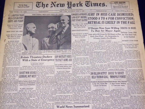 1949 JULY 9 NEW YORK TIMES - JURY IN HISS CASE DISMISSED 8-4 CONVICTION- NT 2646