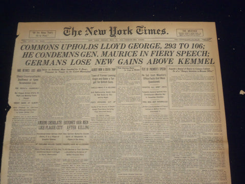1918 MAY 10 NEW YORK TIMES - COMMONS UPHOLDS LLOYD GEORGE 293 TO 106 - NT 8177