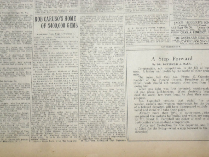 1920 JUNE 9 NEW YORK TIMES - CARUSO'S HOME ROBBED OF $400,000 - NT 9109