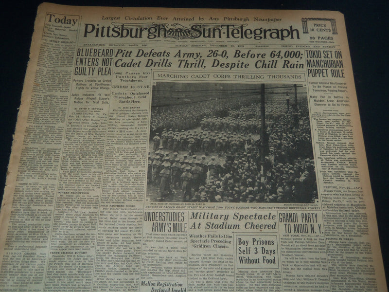 1931 NOVEMBER 15 PITTSBURGH SUN-TELEGRAPH - PITT DEFEATS ARMY 26-0 - NT 7528