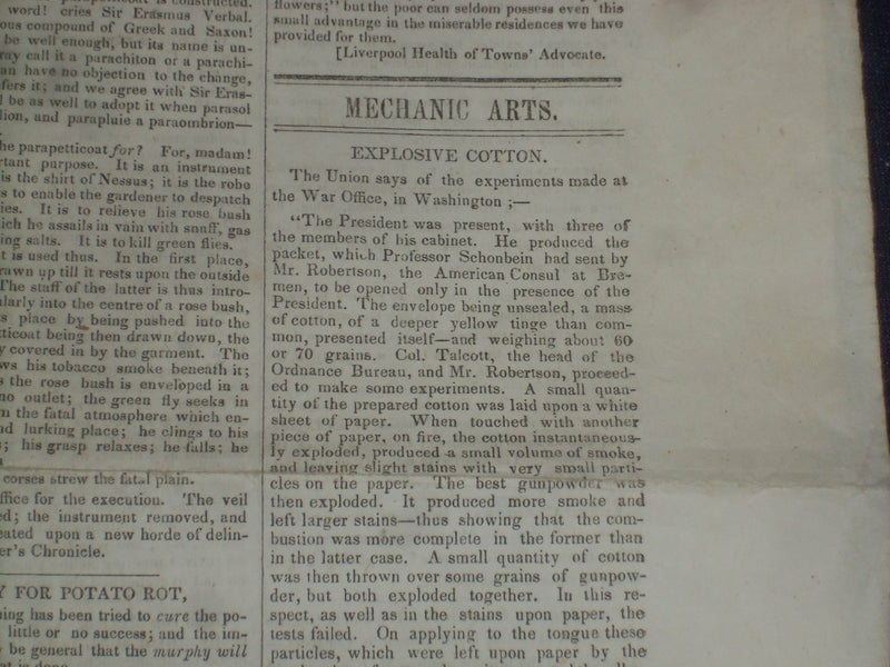 1846 NOVEMBER 21 MASSACHUSETTS PLOUGHMAN NEWSPAPER - EXPLOSIVE COTTON - NP 5136