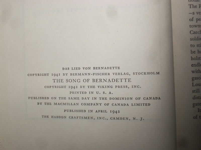 1942 THE SONG OF BERNADETTE HARDCOVER BOOK BY FRANZ WERFEL- KD 8172