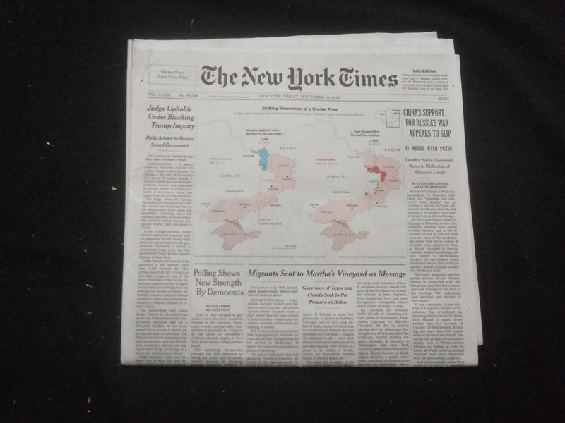 2022 SEP 16 NEW YORK TIMES - CHINA'S SUPPORT FOR RUSSIA'S WAR APPEARS TO SLIP